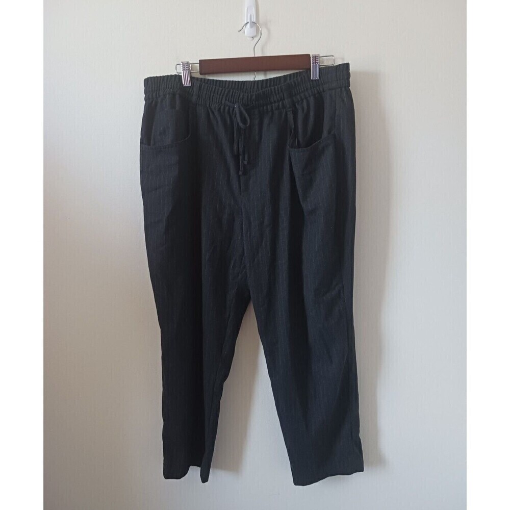 Zara Womens Black Pants Striped Drawstring Waist Cropped Straight Leg 14